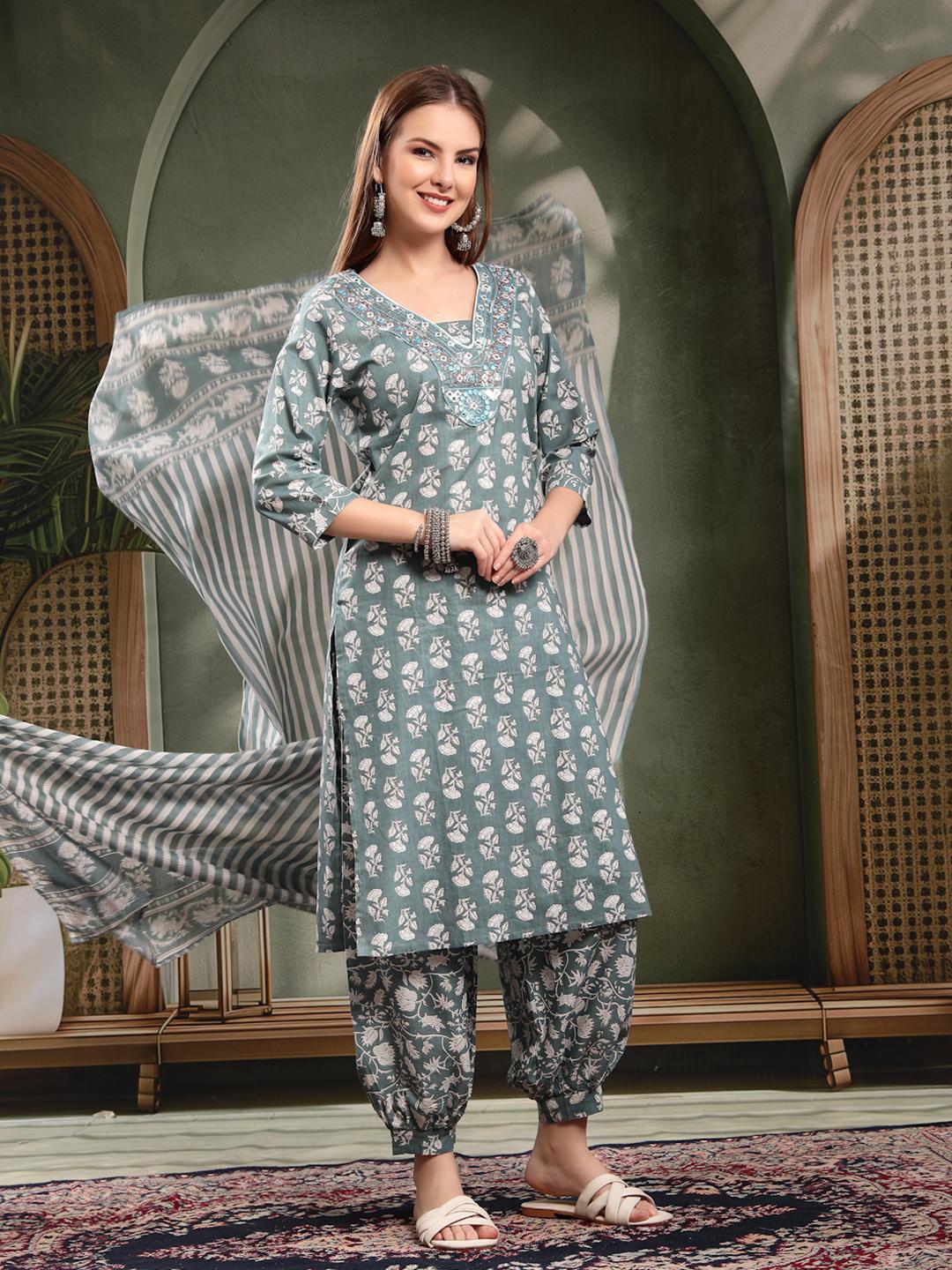 Women Ethnic Motifs Printed Regular Pure Cotton Kurta with Harem Pants & Dupatta