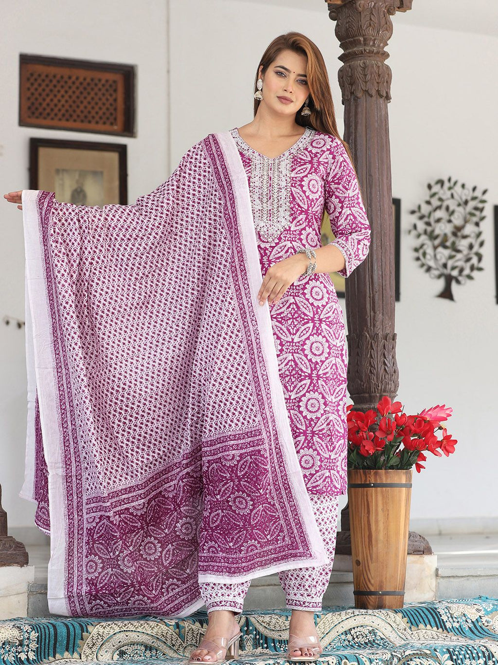 Women Pure Cotton Ethnic Motifs Printed Regular Kurta Set with Thread Work, Patiala & Dupatta