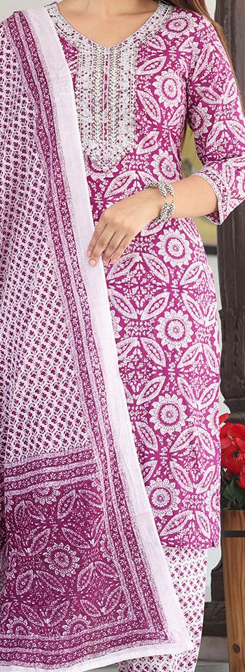 Women Pure Cotton Ethnic Motifs Printed Regular Kurta Set with Thread Work, Patiala & Dupatta