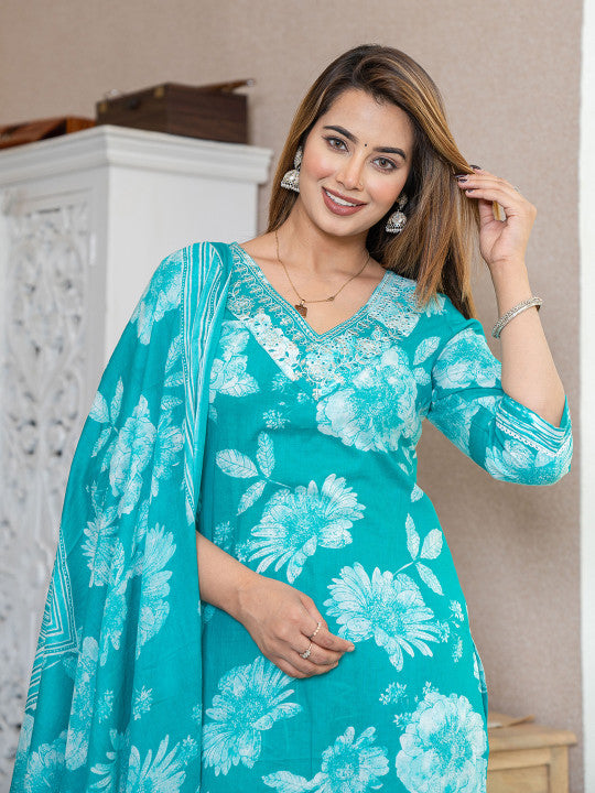 Women Floral Printed Regular Pure Cotton Kurta with Palazzos & Dupatta