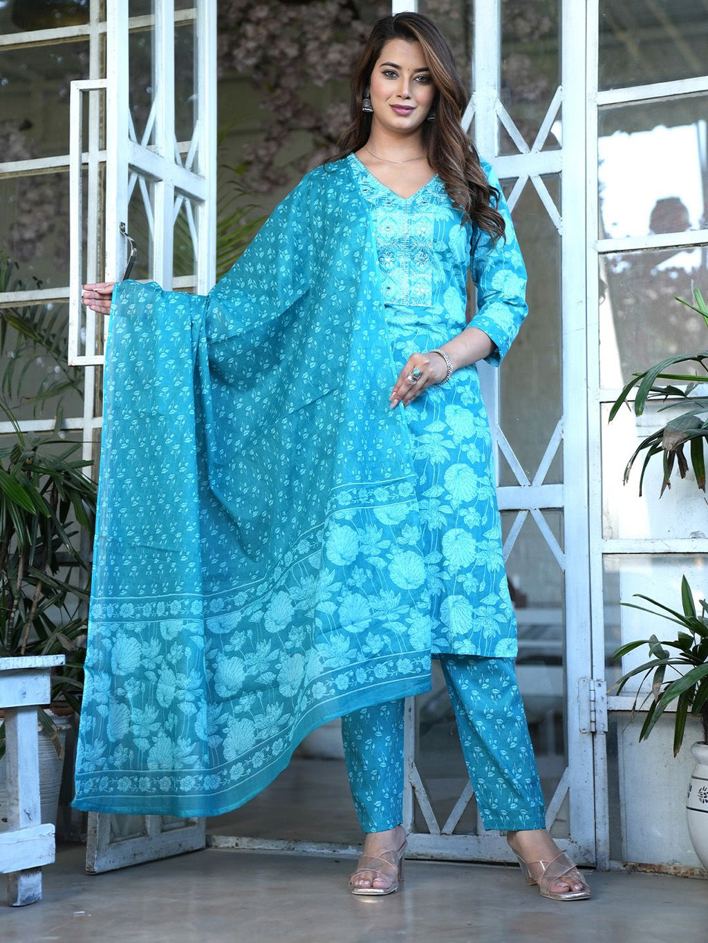 Women Floral Printed Regular Pure Cotton Kurta with Mirror Work, Trousers & Dupatta