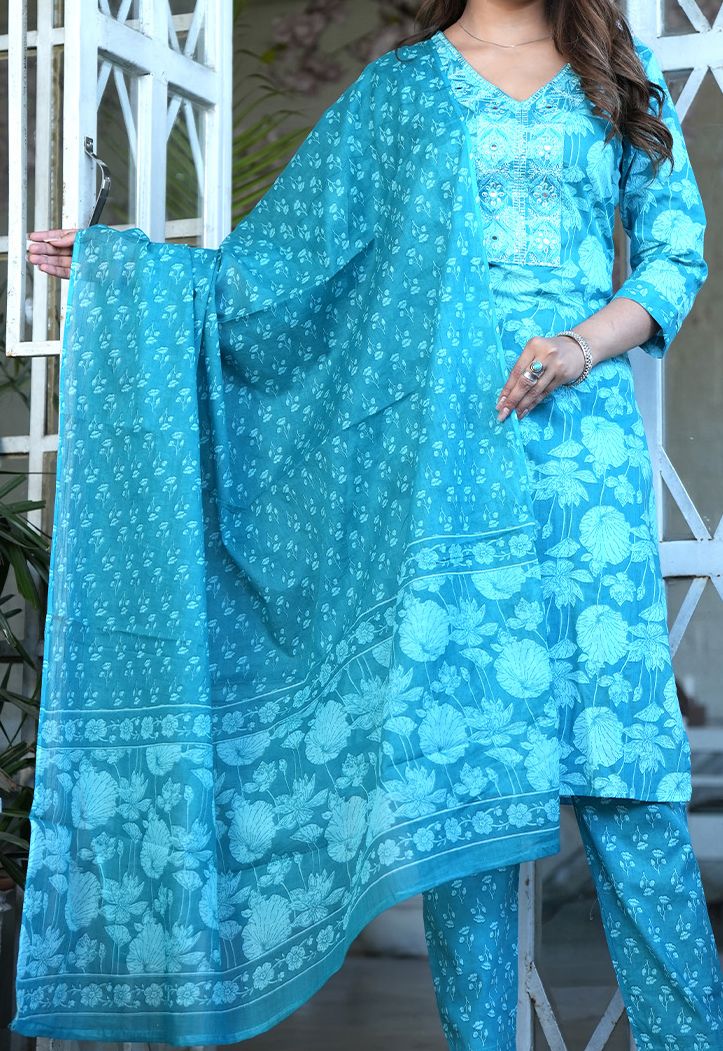 Women Floral Printed Regular Pure Cotton Kurta with Mirror Work, Trousers & Dupatta