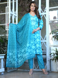Women Floral Printed Regular Pure Cotton Kurta with Mirror Work, Trousers & Dupatta