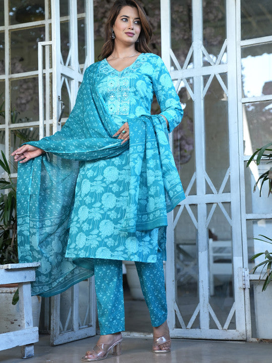 Women Floral Printed Regular Pure Cotton Kurta with Mirror Work, Trousers & Dupatta
