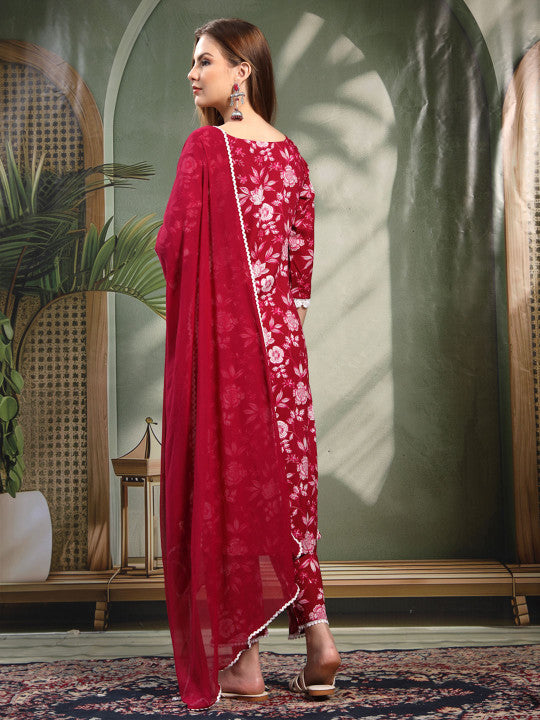 Women Floral Printed Regular Viscose Rayon Kurta with Trousers & Dupatta
