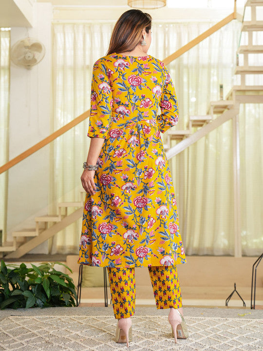 Women Floral Printed Regular Pure Cotton A-Line Kurta with Thread Work, Trousers & Dupatta