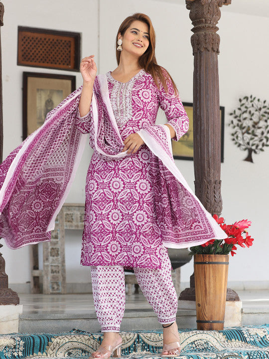 Women Pure Cotton Ethnic Motifs Printed Regular Kurta Set with Thread Work, Patiala & Dupatta