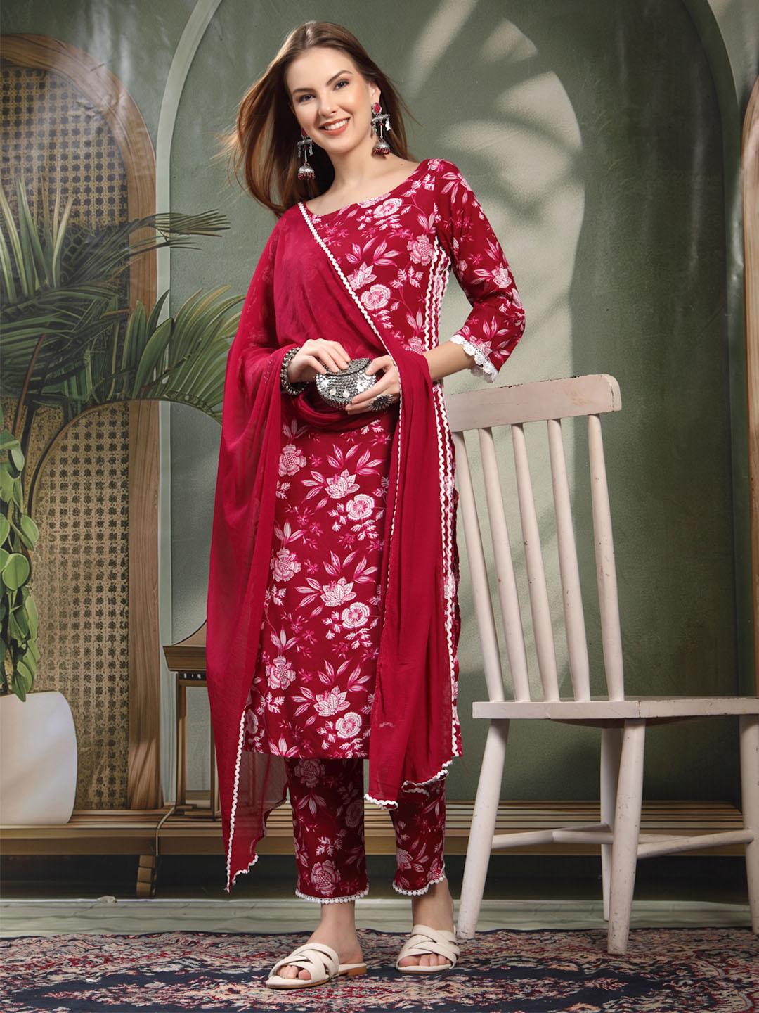 Women Floral Printed Regular Viscose Rayon Kurta with Trousers & Dupatta