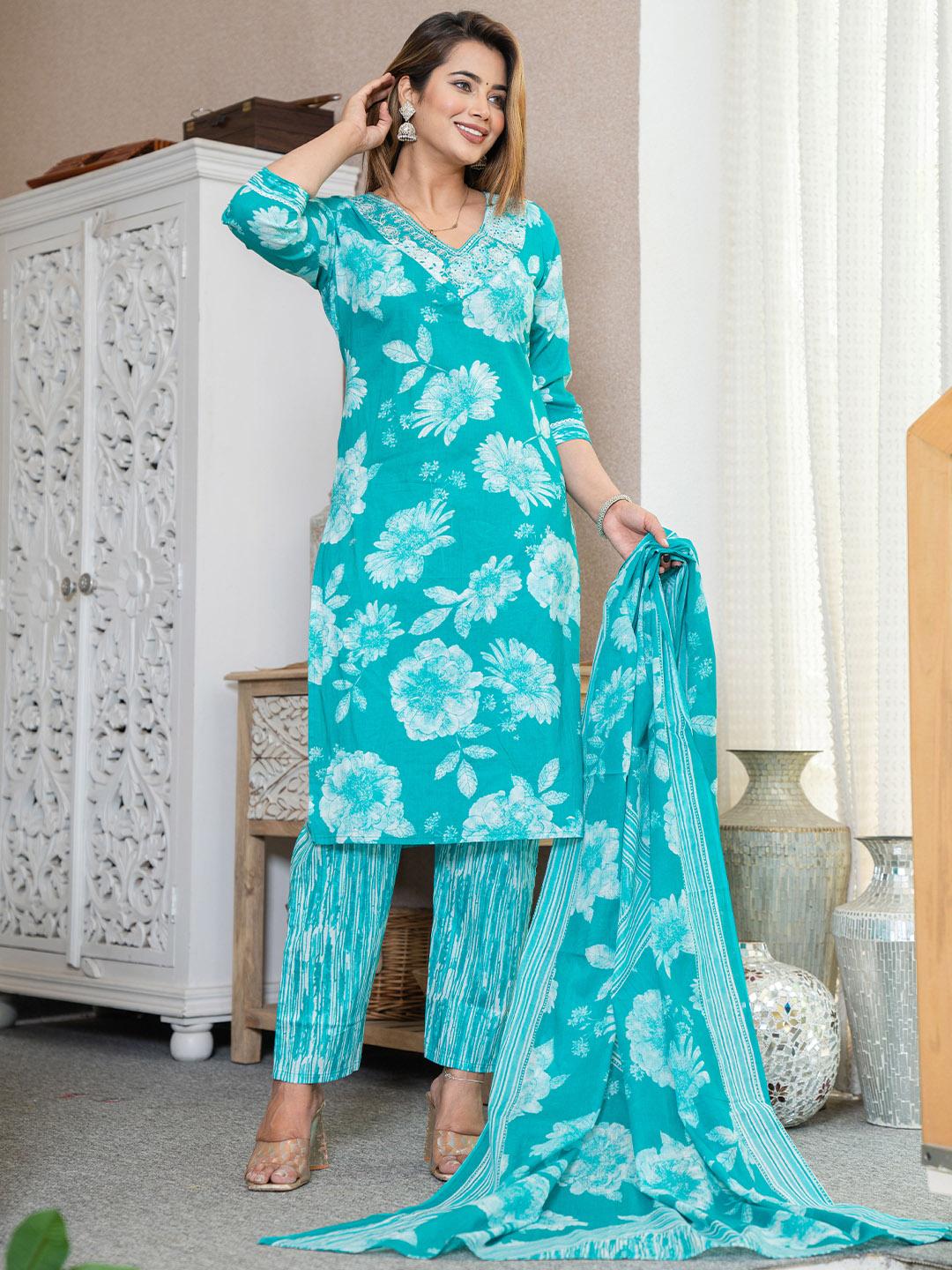 Women Floral Printed Regular Pure Cotton Kurta with Palazzos & Dupatta