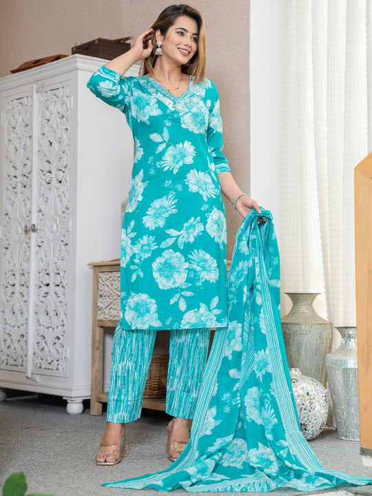 Women Floral Printed Regular Pure Cotton Kurta with Palazzos & Dupatta