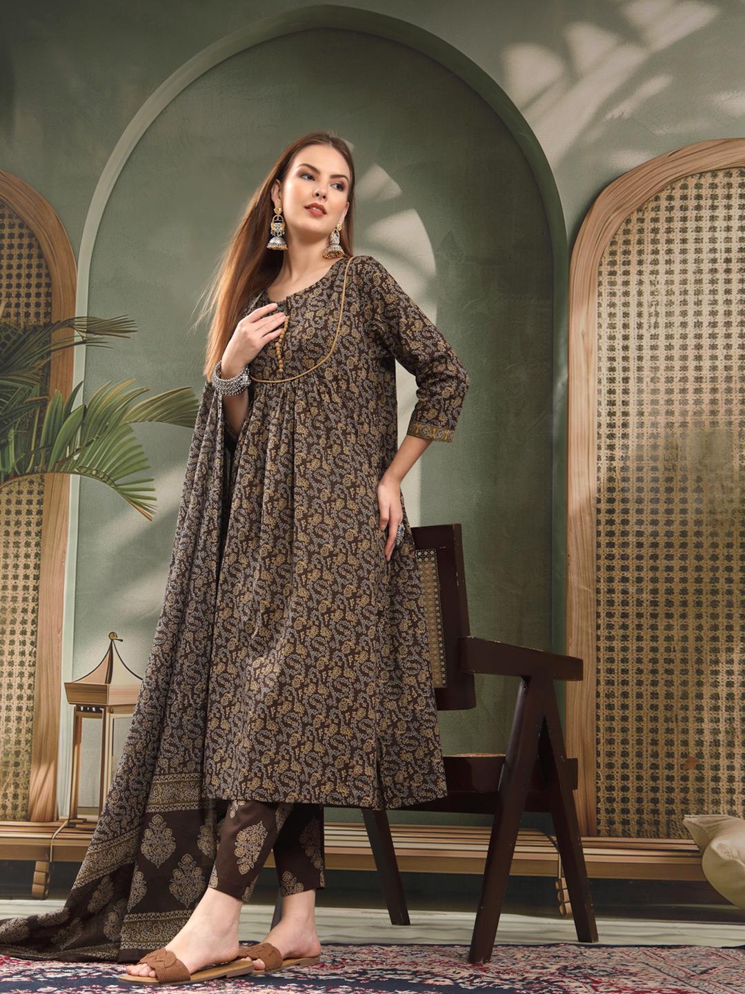 Women’s Ethnic Motif Printed Pure Cotton Pleated Kurta Set with Trousers & Dupatta