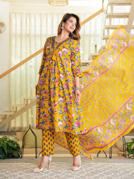 Women Floral Printed Regular Pure Cotton A-Line Kurta with Thread Work, Trousers & Dupatta