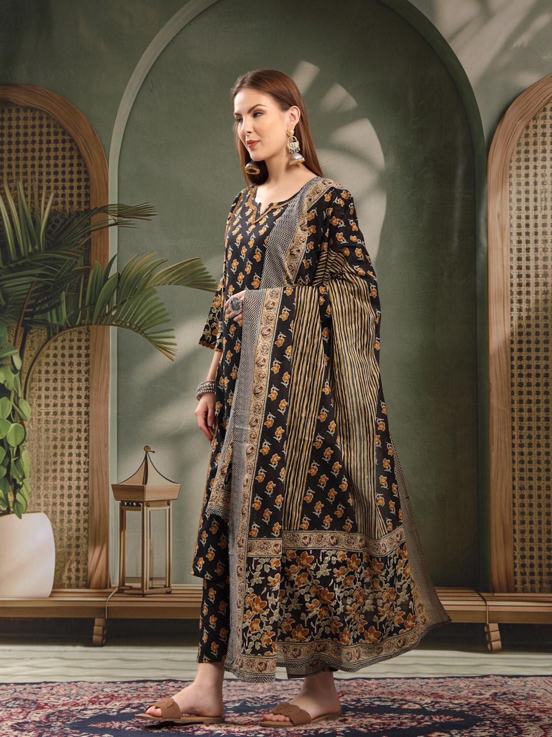 Women’s Floral Printed Pure Cotton Kurta Set with Trousers & Dupatta