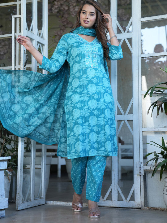 Women Floral Printed Regular Pure Cotton Kurta with Mirror Work, Trousers & Dupatta