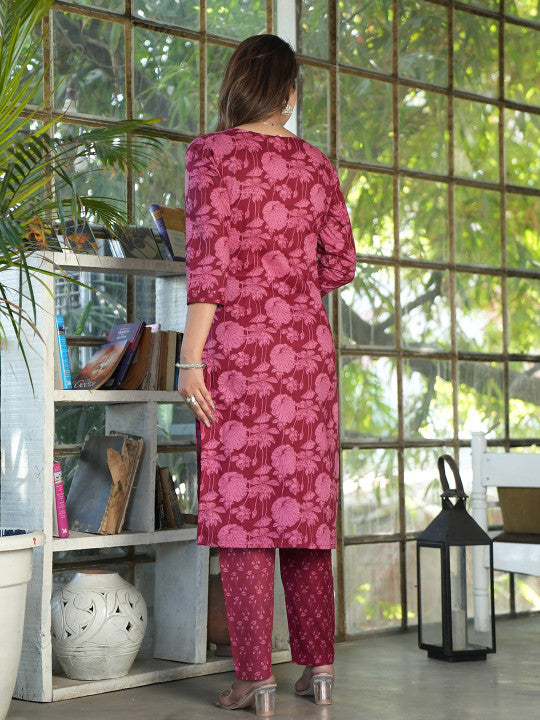 Women Floral Printed Regular Pure Cotton Kurta with Mirror Work, Trousers & Dupatta