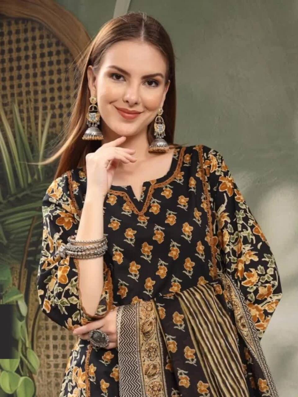 Women’s Floral Printed Pure Cotton Kurta Set with Trousers & Dupatta