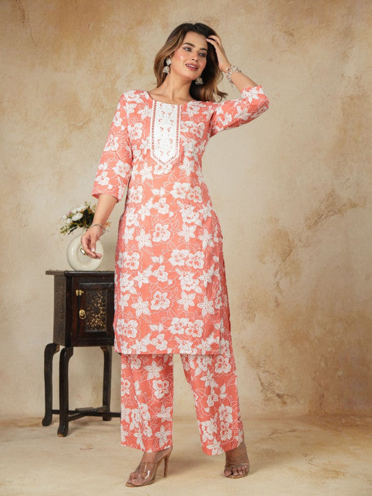 Women Floral Printed Regular Pure Cotton Kurta with Mirror Work & Trousers