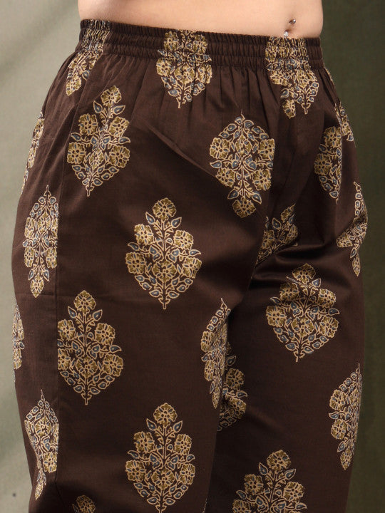 Women’s Ethnic Motif Printed Pure Cotton Pleated Kurta Set with Trousers & Dupatta