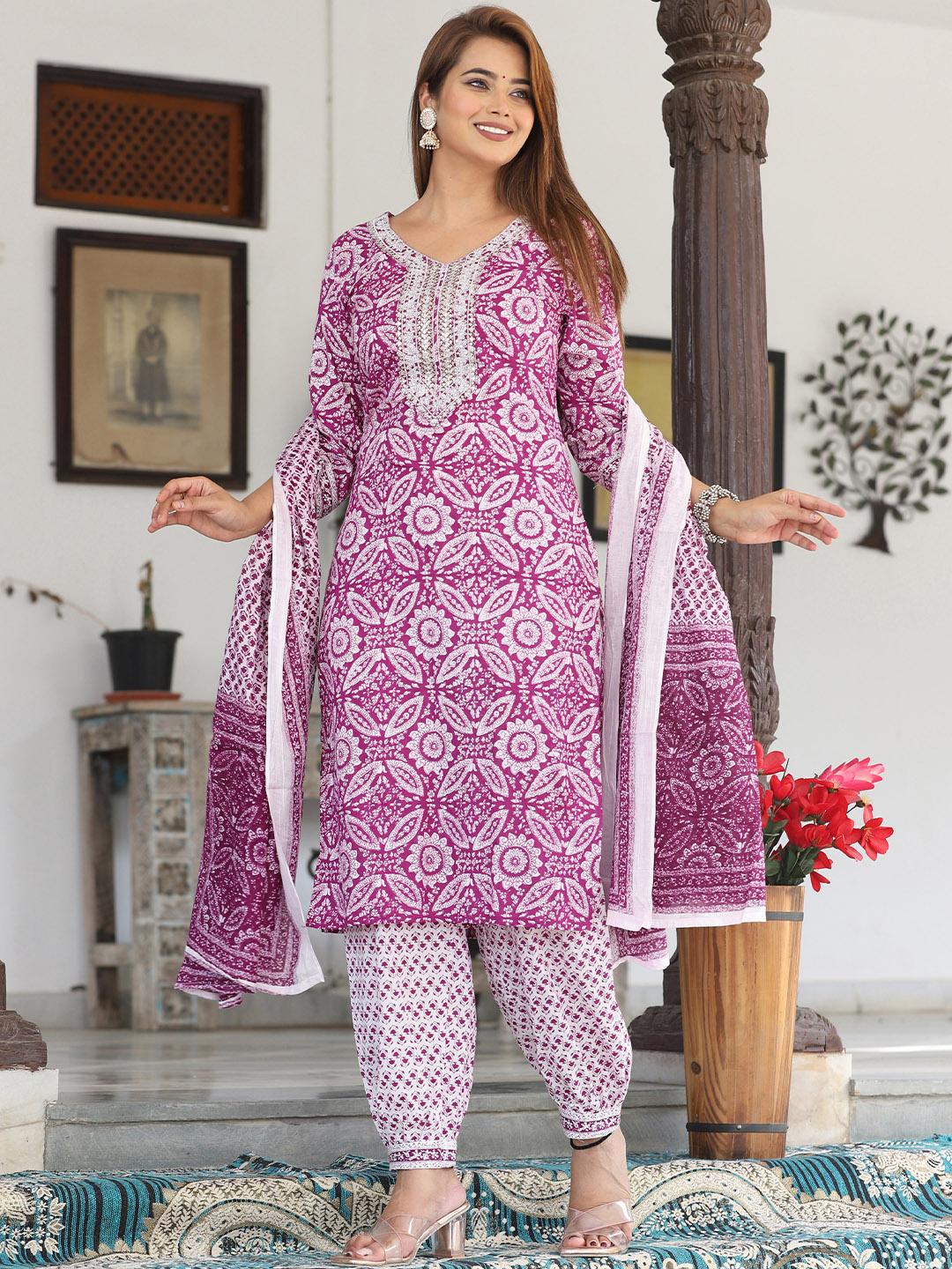Women Pure Cotton Ethnic Motifs Printed Regular Kurta Set with Thread Work, Patiala & Dupatta