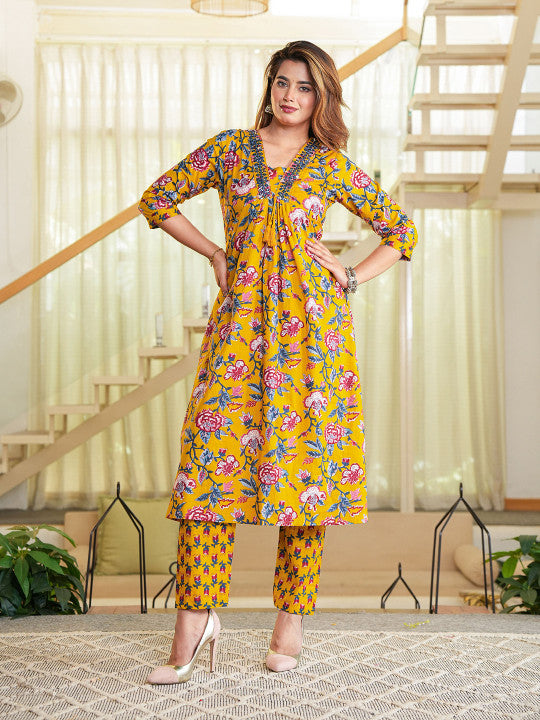 Women Floral Printed Regular Pure Cotton A-Line Kurta with Thread Work, Trousers & Dupatta