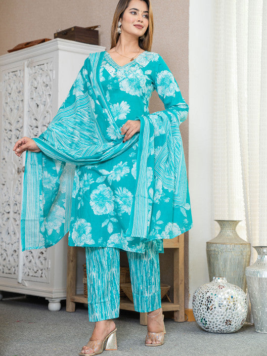Women Floral Printed Regular Pure Cotton Kurta with Palazzos & Dupatta