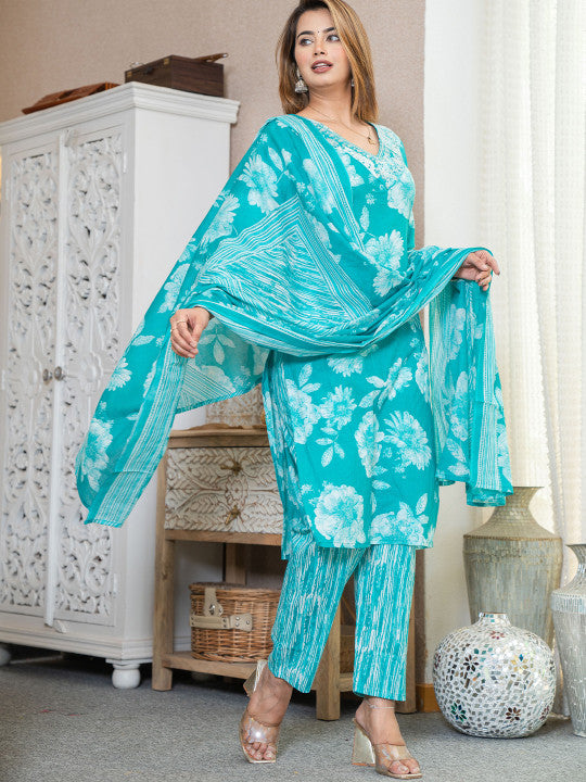 Women Floral Printed Regular Pure Cotton Kurta with Palazzos & Dupatta