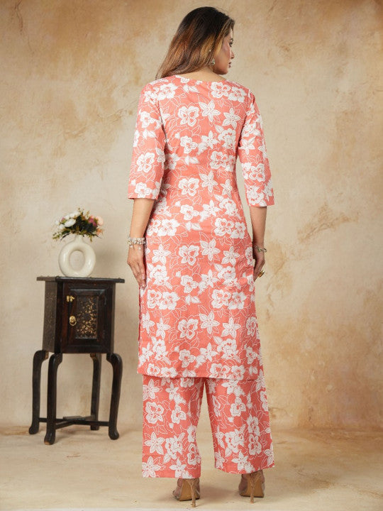 Women Floral Printed Regular Pure Cotton Kurta with Mirror Work & Trousers