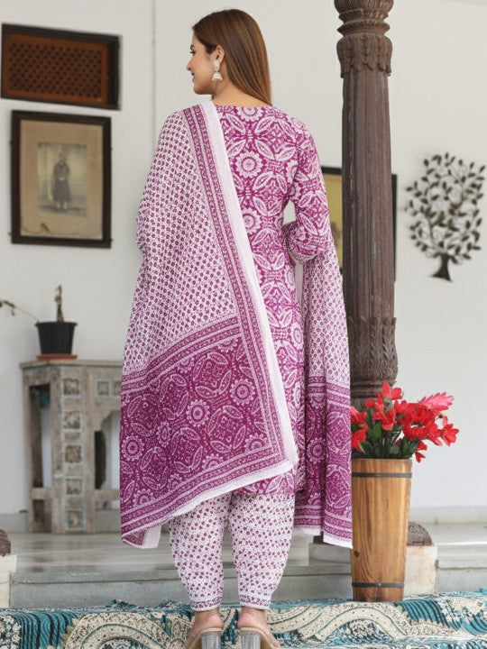 Women Pure Cotton Ethnic Motifs Printed Regular Kurta Set with Thread Work, Patiala & Dupatta