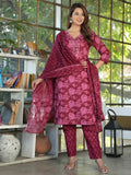 Women Floral Printed Regular Pure Cotton Kurta with Mirror Work, Trousers & Dupatta