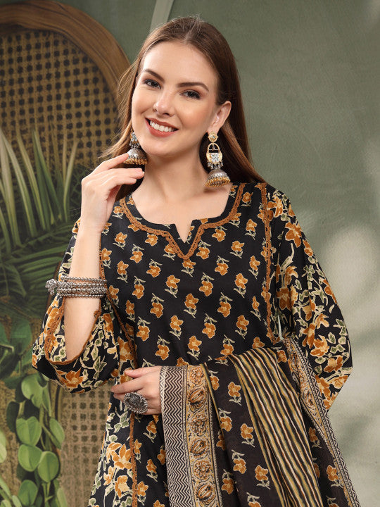 Women’s Floral Printed Pure Cotton Kurta Set with Trousers & Dupatta